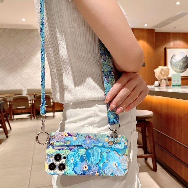 Purple Oil Painting Flower Wristband Holder with Lanyard iPhone Case